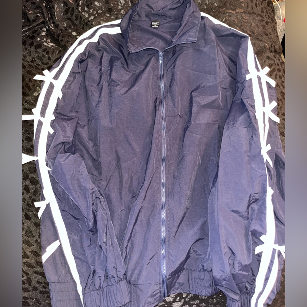 Navy Blue Windbreaker Jacket with White Bow Accents